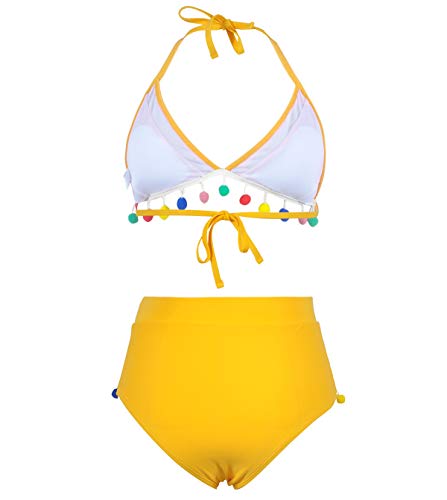 Bikini con Flecos Talle Alto Halter Push Up Mujer Rayas Trajes de Baño de Dos Piezas Biquini Braga Alta Vikini Bañador Piscina Playa Mujeres Bikinis Cintura Alta Señora Bañadores Natacion Amarillo XL