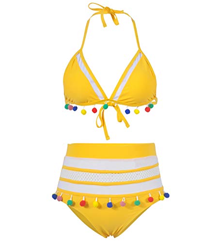 Bikini con Flecos Talle Alto Halter Push Up Mujer Rayas Trajes de Baño de Dos Piezas Biquini Braga Alta Vikini Bañador Piscina Playa Mujeres Bikinis Cintura Alta Señora Bañadores Natacion Amarillo XL