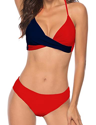 Bikini Elegante Traje de Baño Conjunto Bañador Halter Sexy Sólido para Mujer Ropa de Playa Traje de Baño Bikini Sets Talla Grande (Rojo, L)