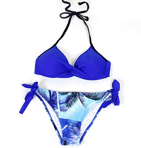 Bikini Halter Push Up Triangulo sin Tirantes Mujer con Relleno Rayas Flores Trajes de Baño de Dos Piezas Biquini Vikini Bikinis Señora Bañador Piscina Playa Mujeres Bañadores Natacion Flor Zafiro S