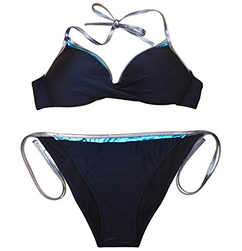 Bikini Push Up Triangulo Halter Mujer Trajes de Baño de Dos Piezas Biquini Vikini Bikinis con Relleno Señora Bañador Piscina Escote V Trikini Mujeres Bañadores Natacion Tallas Grandes Negro S