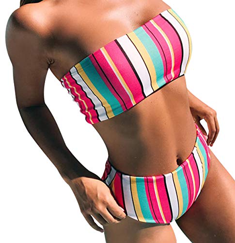 Bikini Talle Alto Bandeau Sin Tirantes Mujer Rayas Trajes de Baño Flores de Dos Piezas Biquini Braga Alta Bañador Piscina Playa Mujeres Conjunto de Bikinis Cintura Alta Señora Natacion Arco Iris XL