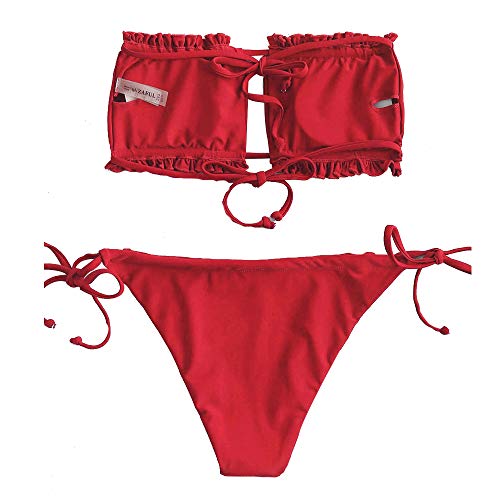 Bikini Zaful sin tirantes para mujer, escote con volantes, estilo bandana, juego de ropa de baño rojo M