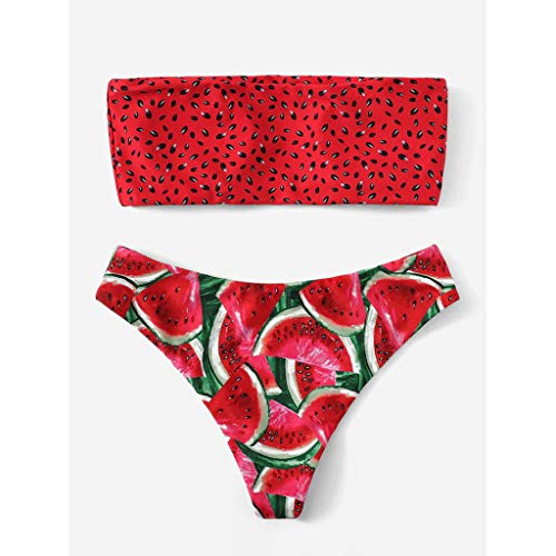 Bikinis Mujer 2019 Brasileños SHOBDW Sexy Traje de Baño Mujer Dos Piezas Conjunto de Bikini Push Up Tanga Bra Bandeau Rojo Sandía Playa Bañadores de Mujer Cintura Alta(Rojo,M)