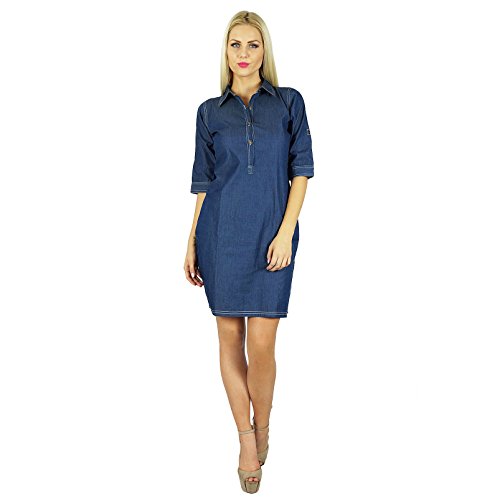 Bimba - Vestido para mujer, estilo casual vaquero con manga 3/4 y cuello azul 48