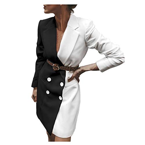 Blazer Chaquetas Elegante Mujer SUNNSEAN Abrigos de Bicolor con Cinturón Manga Larga Elegante Chaquetas de Blazer Vestir de Solapa Abrigos Largos con Botones Slim Cárdigan de Moda Chaquetas