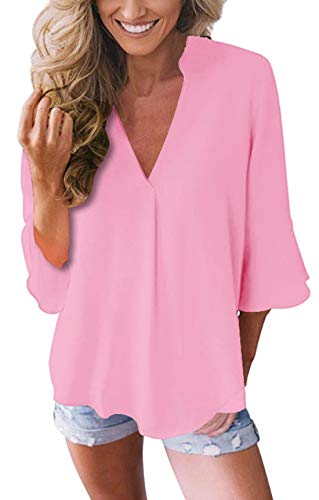 Blusa de gasa para mujer, elegante manga 3/4, blusa de campana con cuello en V Rosa. 36