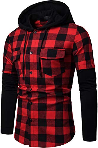 Blusa de Hombre Camisetas de Cuadros Ocasionales de los Jersey Blusa con Capucha Superior Cosiendo Manga Larga con Capucha para Hombre (Rojo, L)