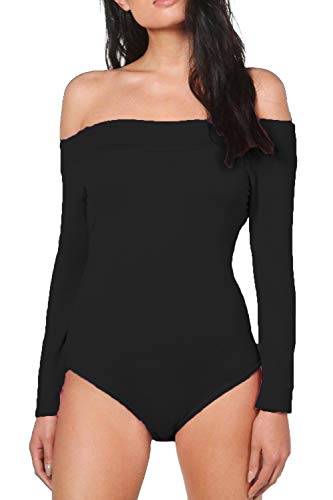 Bodi elástico para Mujer - Escote Bardot y Manga Larga - Color Liso - Negro Liso - S/M - UK 8-10/EU 36-38