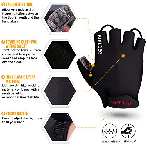 boildeg Guantes de Ciclismo de Bicicleta Guantes de Bicicleta de Carretera de Medio-Dedo para Hombres Mujeres Acolchado Antideslizante Transpirable (Negro, M)