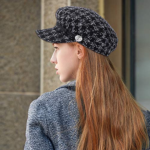 Boinas para Mujer Vintage Sombreros de Pata de Gallo Clásico Gorra Caliente Beret Gorras Planos de Invierno Elegantes para Mujer (M, 56-58 cm) Negro 1 Pieza