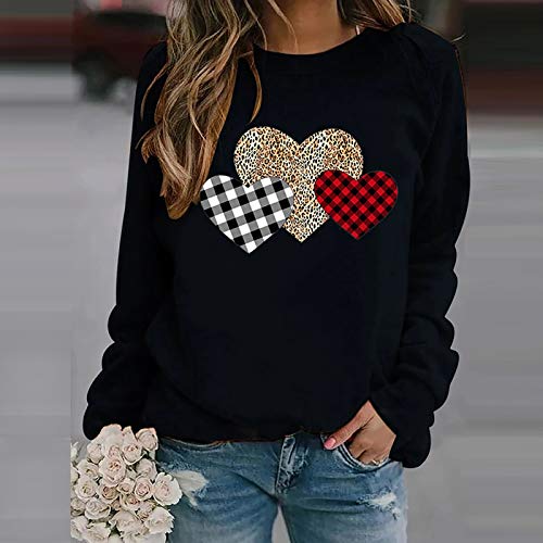 BOIYI Camiseta Manga Larga de Cuello Redondo Mujer Jersey con Estampado de Corazón de Amor, Tartán y Leopardo Casual Camiseta Otoño Primavero Sudaderas Blusa Tops Pullover(Negro,M)