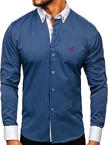 BOLF Hombre Camisa de Manga Larga con Rayas Cuello Americano Camisa de Algodón Slim fit Estilo Casual 9717 Azul Oscuro XL [2B2]