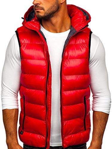 BOLF Hombre Chaleco Acolchado con Capucha Cazadora Cierre de Cremallera Chaqueta sin Manga Cuello Elevado Estilo Deportivo Nature 6506 Rojo M [1U1]