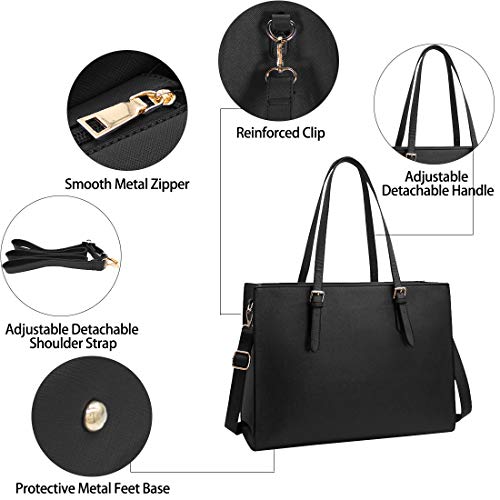 Bolso Mujer Bolsos Bandolera para Ordenador Portátil 15.6 Pulgadas Impermeable Bolsos de Mujer Cuero PU Universidad Shopper Bolsa Tote Negro