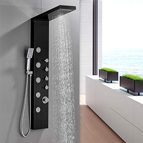 BONADE Panel de Ducha Negro Columna de Ducha Cascada con Ducha de Mano y 5 modos de Chorro Hidromasaje Sistema de Ducha de Acero Inoxidable para Baños