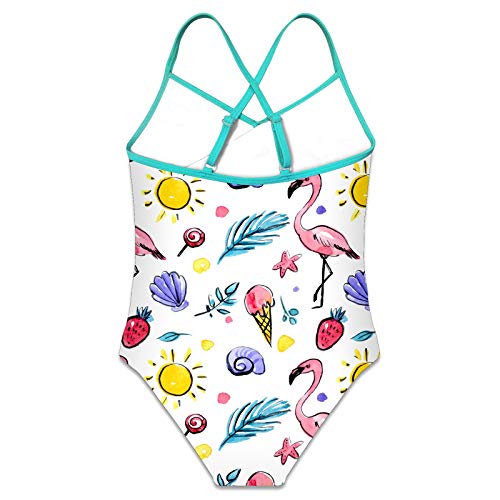 BONIPE Traje de baño de una pieza para niñas hawaiano con volantes traje de baño playa acuarela flamenco caracol sol verano patrón S