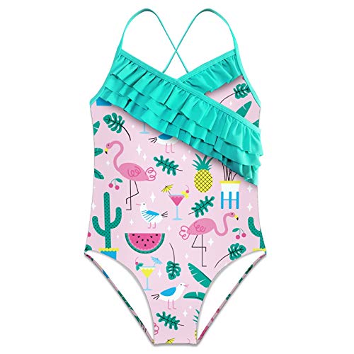 BONIPE Traje de baño de una pieza para niñas hawaiano volantes traje de baño playa verano rosa flamenco piña sandía patrón S