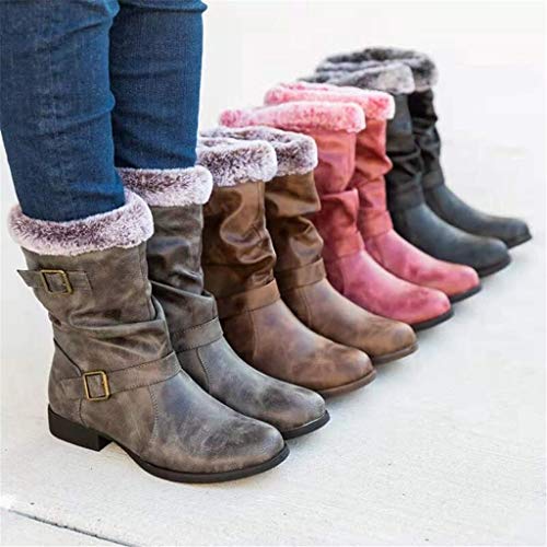 Botas Altas Invierno Mujer, Botas de Nieve Caña Ancha Zapatos Mujer Cuña Planos Sintética Peluche Jinete Bajo Cómodos Peludas Calentitas 2020