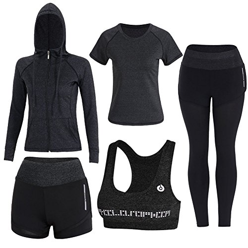 BOTRE 5 Piezas Conjuntos Deportivos para Mujer Chándales Ropa de Correr Yoga Fitness Tenis Suave Transpirable Cómodo (Negro, S)