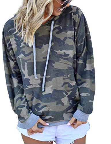 BOUYDM Mujer Sudadera con Capucha Manga Larga de Algodón Estampado Camuflaje Suéter Encapuchado Camiseta Tops Pullover Gris M