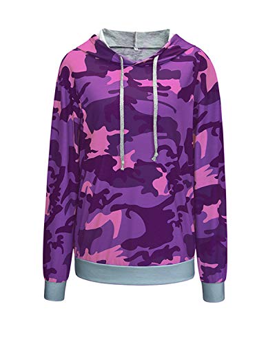 BOUYDM Mujer Sudadera con Capucha Manga Larga de Algodón Estampado Camuflaje Suéter Encapuchado Camiseta Tops Pullover Morado 2XL