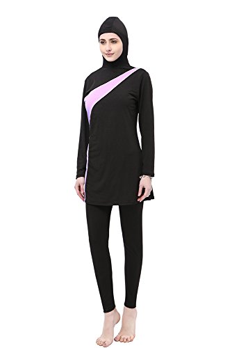 BOZEVON Mujeres 2 Pieza Cómodo Elegante Musulmán Modeste Traje de Baño Completa Muslim Swimwear Beachwear Burqini Burkini Tankini, Negro+Morado, EU M=Tag L