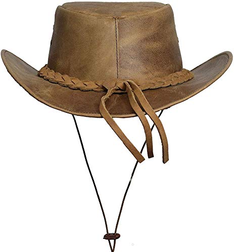 BRANDSLOCK Sombrero de vaquero para hombre, de piel auténtica, bajo ala ancha, estilo australiano, estilo occidental