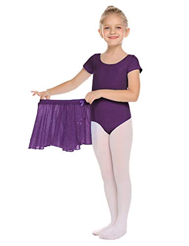 Bricnat Vestido de ballet para niña, vestido de ballet, manga corta, camiseta de ballet, de algodón con falda de gasa, tutú morado 150 cm