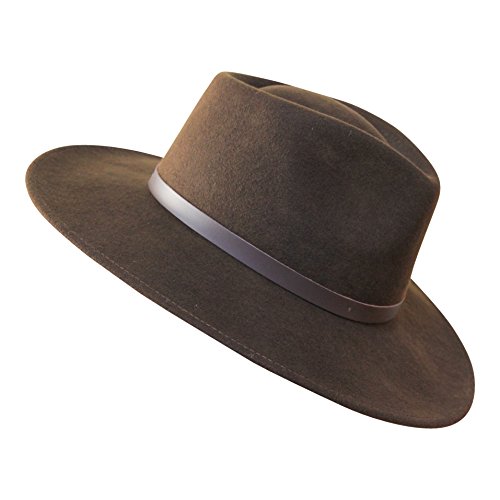 B&S Premium Lewis - Sombrero de ala Ancha Fedora - 100% Fieltro de Lana - Resistente al Agua - Banda de Piel - Marron Oscuro 60cm