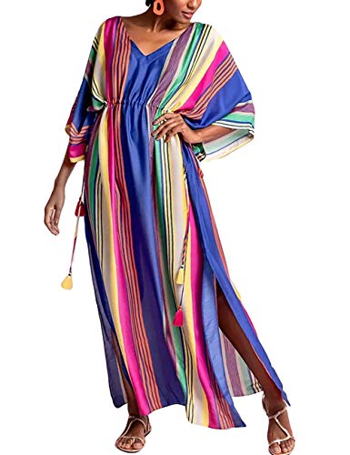 Bsubseach Mujer Maxi Vestido De Playa con Cuello En V Turco Kaftan Rayas Coloridas Traje De Baño