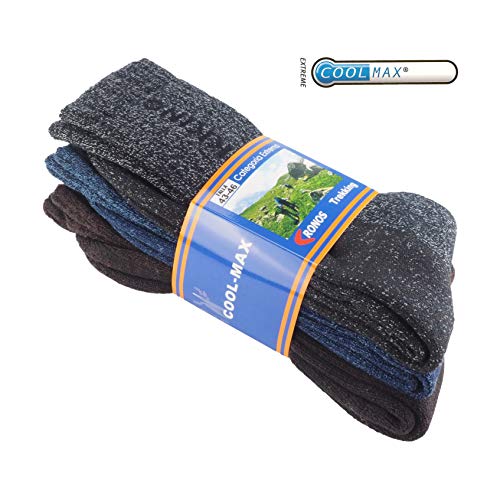 Calcetín COOLMAX de TREKKING (3 pares) para deportes de invierno o situaciones de frío y humedad. Ofrecen una perfecta temperatura y mantienen los pies frescos y secos (Negro/Azul/Marron 43-46)