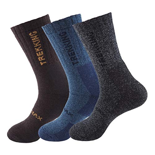 Calcetín COOLMAX de TREKKING (3 pares) para deportes de invierno o situaciones de frío y humedad. Ofrecen una perfecta temperatura y mantienen los pies frescos y secos (Negro/Azul/Marron 43-46)