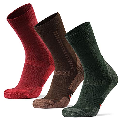 Calcetines de Senderismo y Trekking de Lana Merina para Hombre, Mujer y Niños, Pack de 3 (Multicolor: Marrón, Verde, Rojo, EU 35-38)