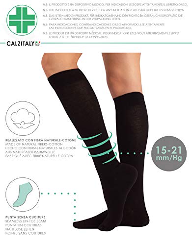 CALCETINES MEDICOS DE ALGODÓN | MEDIAS HASTA LA RODILLA A COMPRESIÓN GRADUADA FUERTE | 15-21mm/Hg | CALCETERÍA ITALIANA | (XXL, NEGRO)