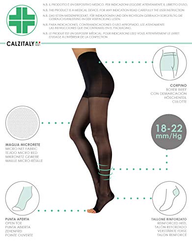 CALZITALY Medias con la Punta Abierta con Compression Graduada Fuerte 18-22 mm/Hg | S, M, L, XL | Natural, Negro | 140 DEN | Made in Italy (Negro, S)