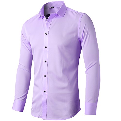 Camisa Bambú Fibra Hombre, Manga Larga, Slim Fit, Camisa Elástica Casual/Formal para Hombre, Morado Claro, 41 (Cuello 41CM, Pecho 108CM)