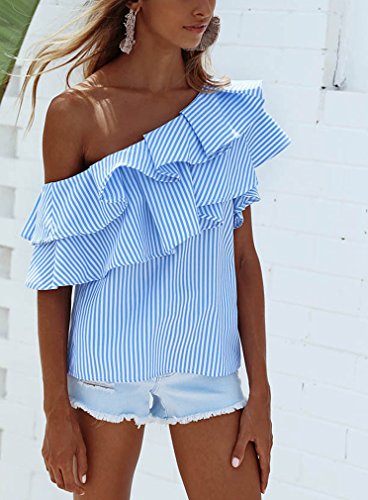 Camisas Mujer Verano Rayas Sin Mangas Hombros Descubiertos Volantes Elegantes Vintage Asimetricas Irregular Jovenes Moda Outdoor Casual Camisa Blusa Blusas Tops