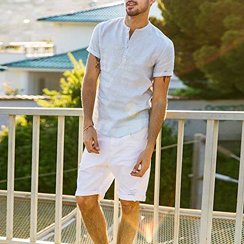 Camiseta de Manga Corta para Hombre Camisa Ajustada de Color Liso Camisa Ocio de Algodón y Lino con Cuello en V Blusa de Moda con Botones T-Shirt Verano Informal (Azul, L)