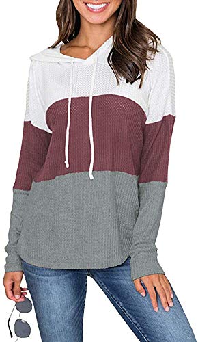 Camiseta de Manga Larga Color Bloque Waffle de Punto con cordón suéter Sudadera con Capucha para Mujer (M,Rojo Malva)