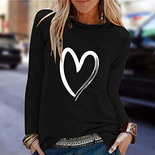 Camiseta Manga Larga Mujer riou Mujeres Elegantes Blusas Primavera con Estampado De Corazones Tops Casuales Original Fiesta T-Shirt Cuello Redondo Basica Camisa