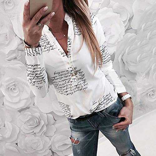 Camiseta para Mujer, Camisa de Manga Larga con Botones y Cuello en V Top Letter Print ImpresióN T Shirt Casual BotónPrimavera Blusa Oficina Moda T-Shirt Sudadera riou (Blanco, XL)