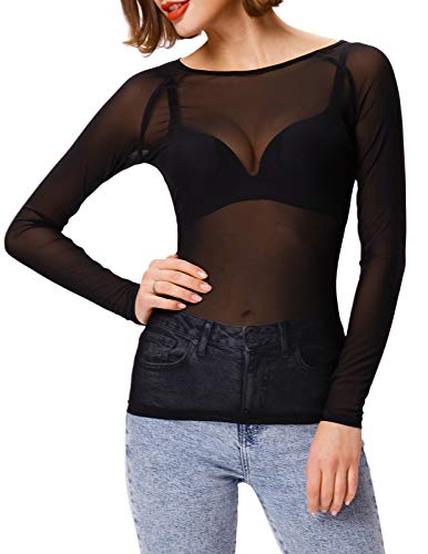 Camiseta Transparente de Manga Larga y Cuello Redondo para Mujer para Ropa Interior y Negro Clubwear L CL011046-1