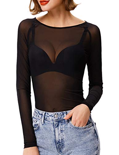 Camiseta Transparente de Manga Larga y Cuello Redondo para Mujer para Ropa Interior y Negro Clubwear L CL011046-1