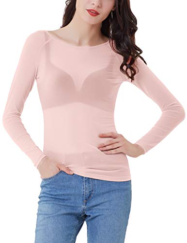 Camiseta Transparente Mujer Manga Larga Casual Cuello Redondo Slim fit Sexy Bodycon Rosa L CL011046-6