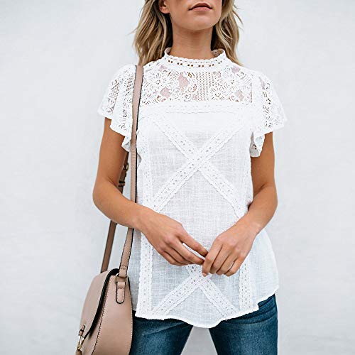 Camisetas Mujer Dia de la Mujer Verano Patchwork De Encaje Casual Ahuecar Volantes Manga Corta Suéter De Cuello De Tortuga Linda Blusa Floral Camiseta Blanca para Mujer Hanyixue