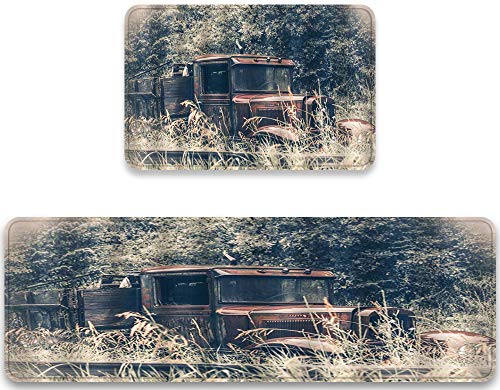 CANCAKA 2 Piezas Alfombrillas de Cocina Antideslizantes,Viejo Coche abandonado Rusty Oldtimer camioneta en el césped,Alfombrilla de Goma Alfombra de Baño Alfombrillas Cocina 45x120cm + 45x75cm