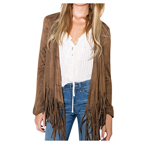 Cardigan Mujer Largos SHOBDW Liquidación Venta Abrigos Mujer Invierno Rebajas Faux Suede Blusa De Manga Larga Chaleco con Flecos Chaqueta De Rebeca Blusa Color Sólido(Caqui,XL)