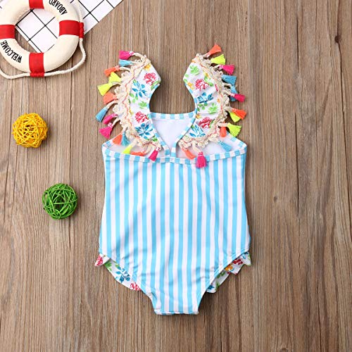 Carolilly Bañador para Niña Traje de Baño Niña de Una Pieza Conjunto de Bikini Niñas Estampado de Flamenco de Rayas Azules con Volante en Hombros y Flecos Multicolores