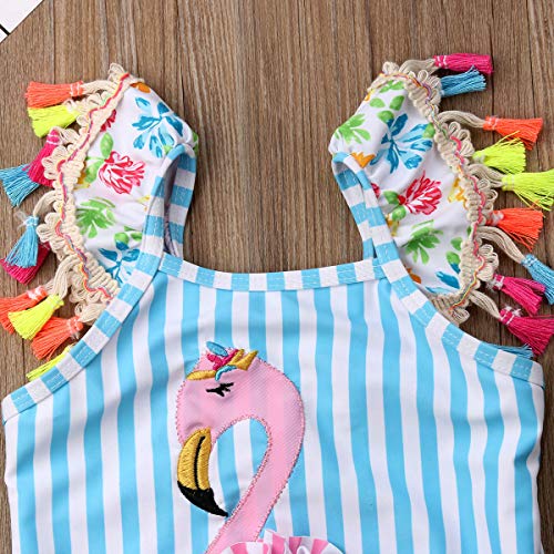 Carolilly Bañador para Niña Traje de Baño Niña de Una Pieza Conjunto de Bikini Niñas Estampado de Flamenco de Rayas Azules con Volante en Hombros y Flecos Multicolores